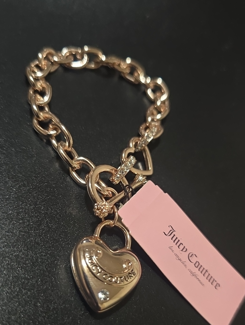 🧚♀️Juicy Couture Rose Gold Toned Crystal Logo Heart Toggle Bracelet NWT